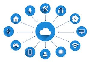 Cloud Computing in einer Grafik mit blauen Symbolen dargestellt